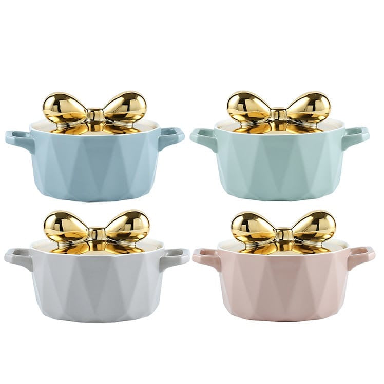 Pastel Ceramic Casserole With Bow Lid