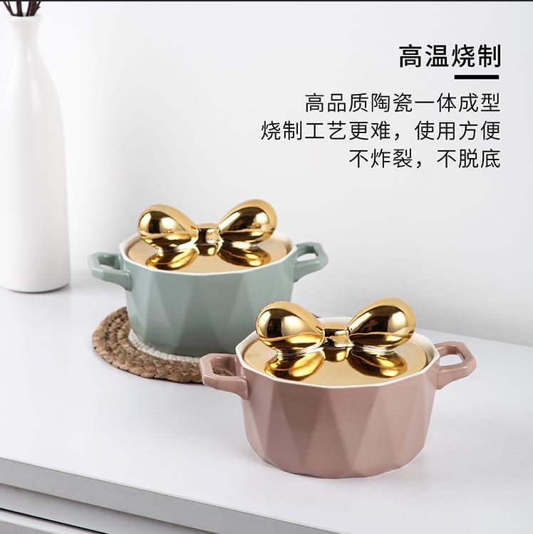 Pastel Ceramic Casserole With Bow Lid