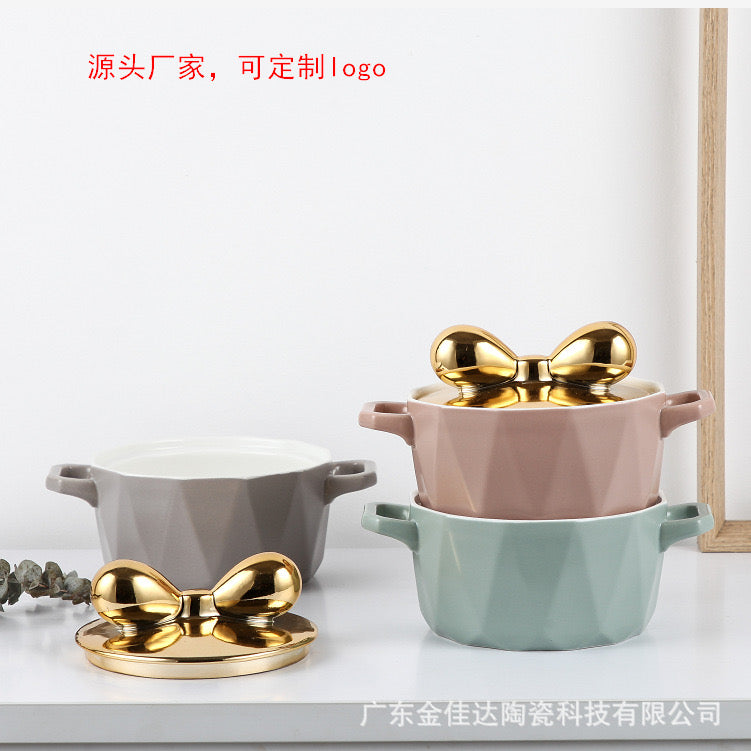 Pastel Ceramic Casserole With Bow Lid
