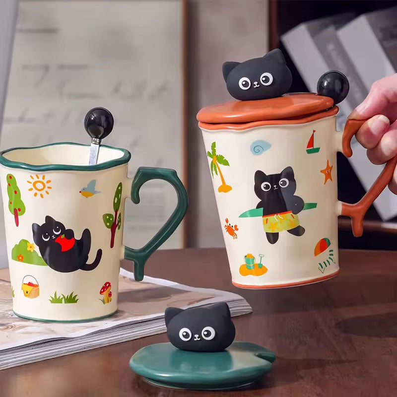 Kawaii cat ceramic mug with spoon