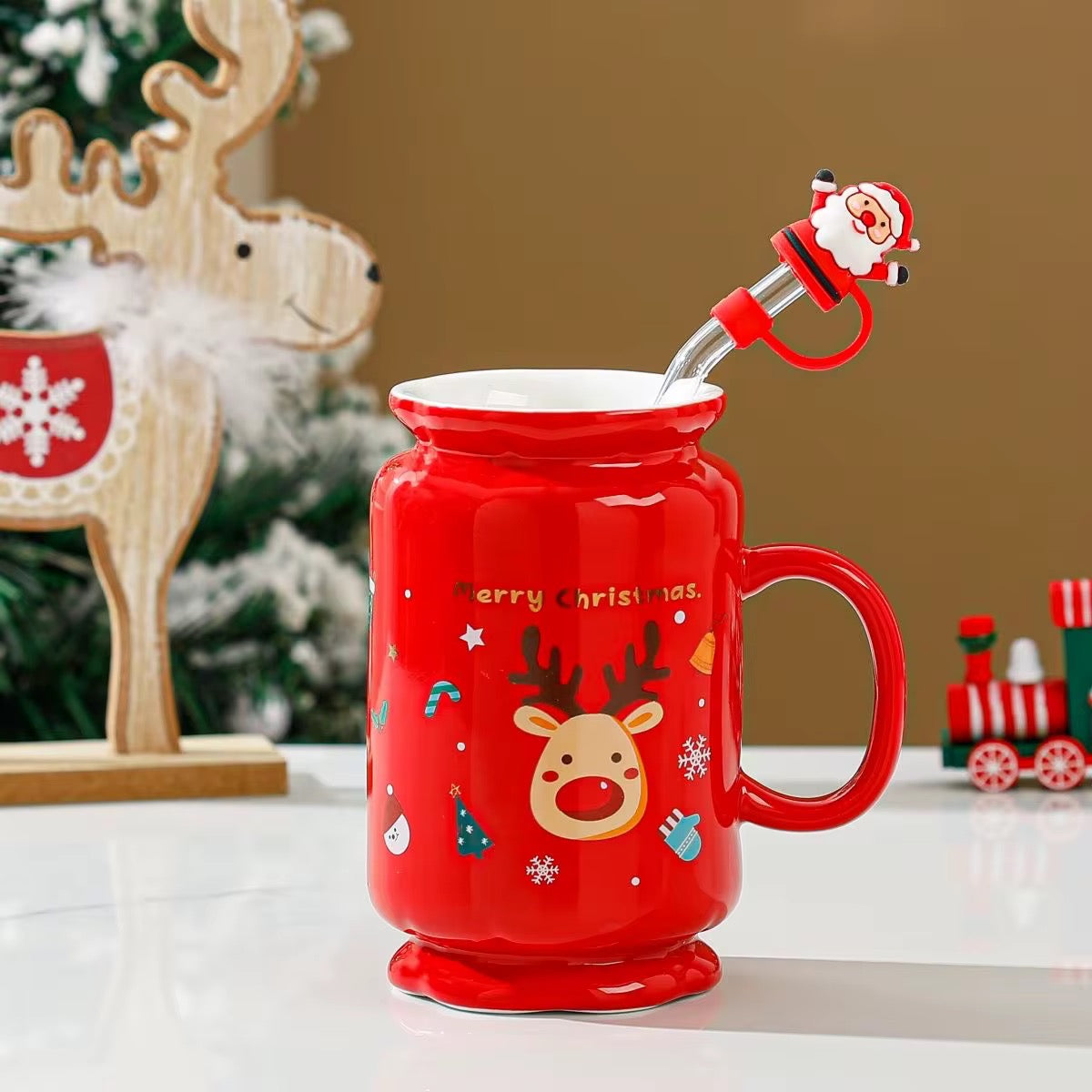Christmas Tall Coffee Mug With Straw