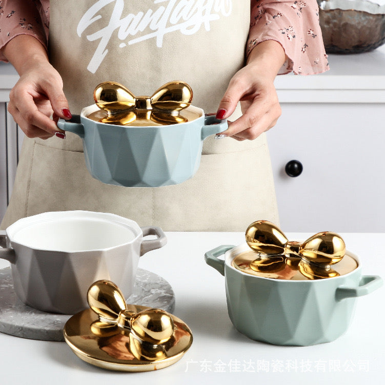 Pastel Ceramic Casserole With Bow Lid