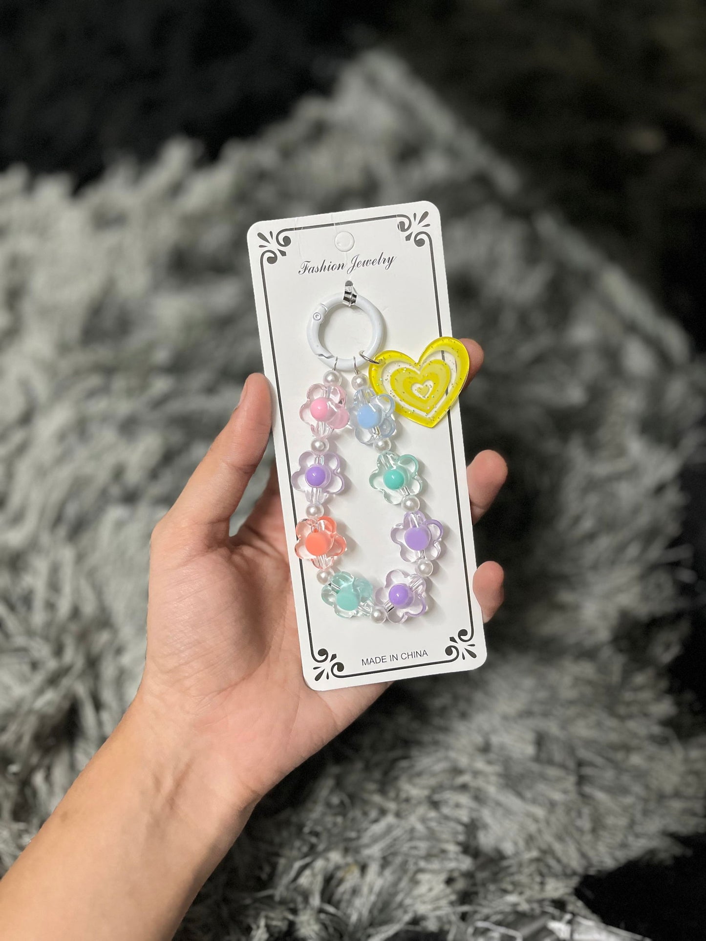 Crystal Flower With Heart Phone Charm -