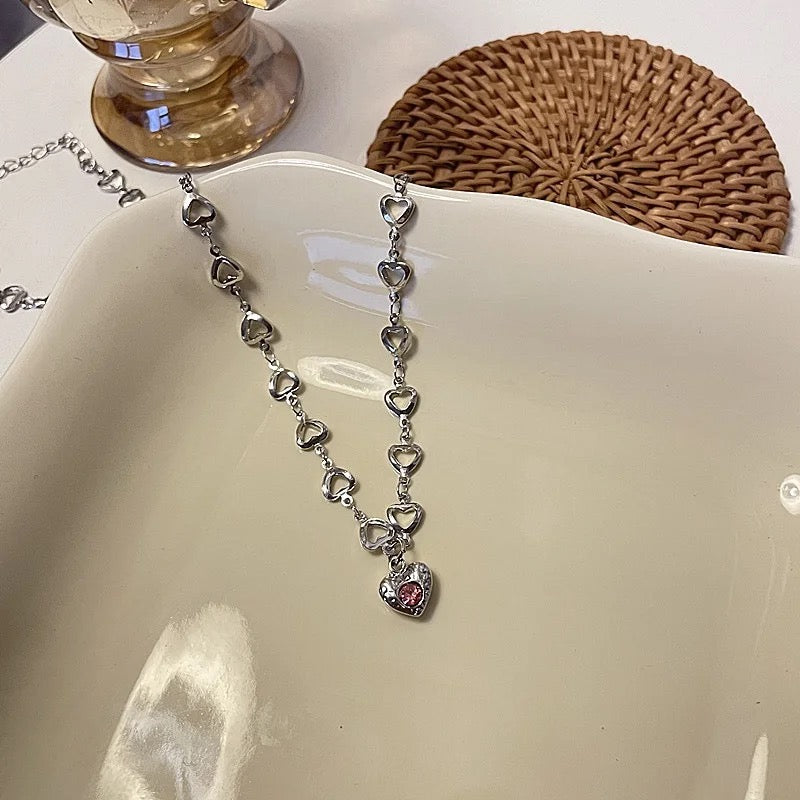 Pink Rhinestone Heart Necklace