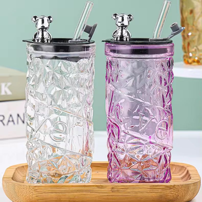 Glass Tumbler With Teddy LID