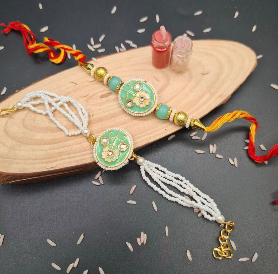 Meena Kundan Couple Rakhi Set