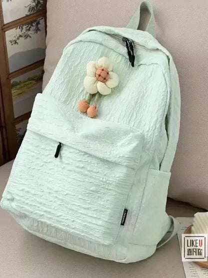 Knapsack Pleated Korean Backpack with Flower Charm
