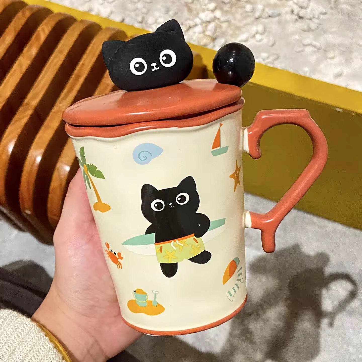 Kawaii cat ceramic mug with spoon