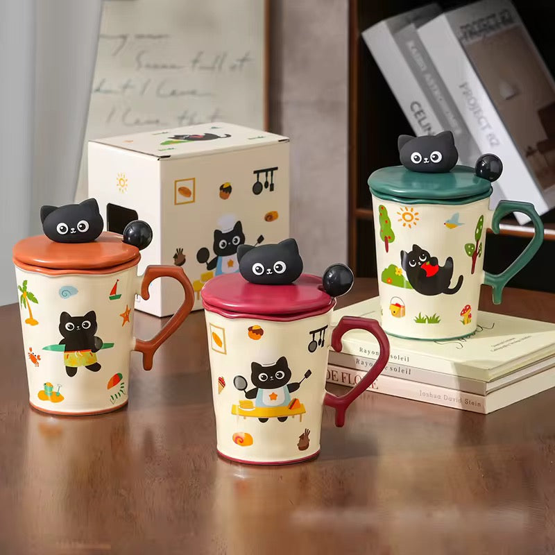 Kawaii cat ceramic mug with spoon