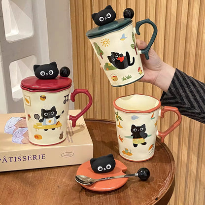 Kawaii cat ceramic mug with spoon