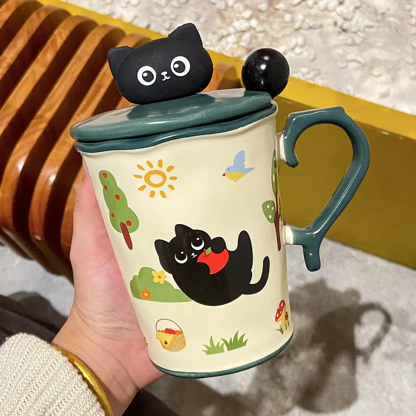 Kawaii cat ceramic mug with spoon