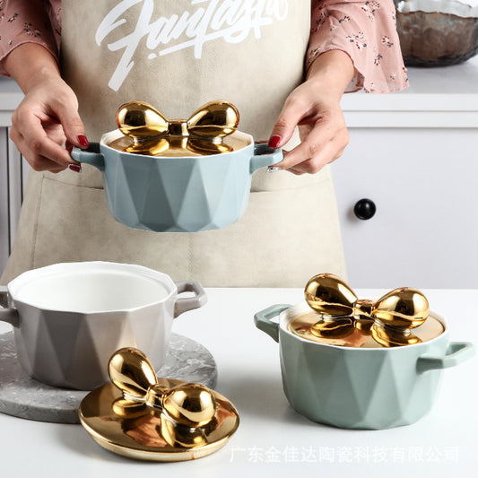 Pastel Ceramic Casserole With Bow Lid