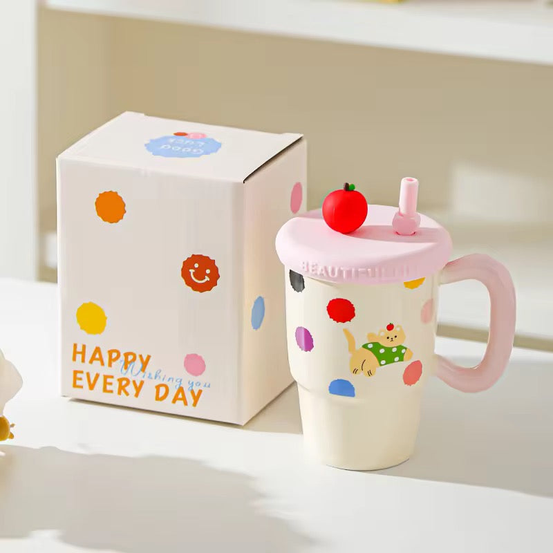 Kawaii cat polka dot ceramic mug