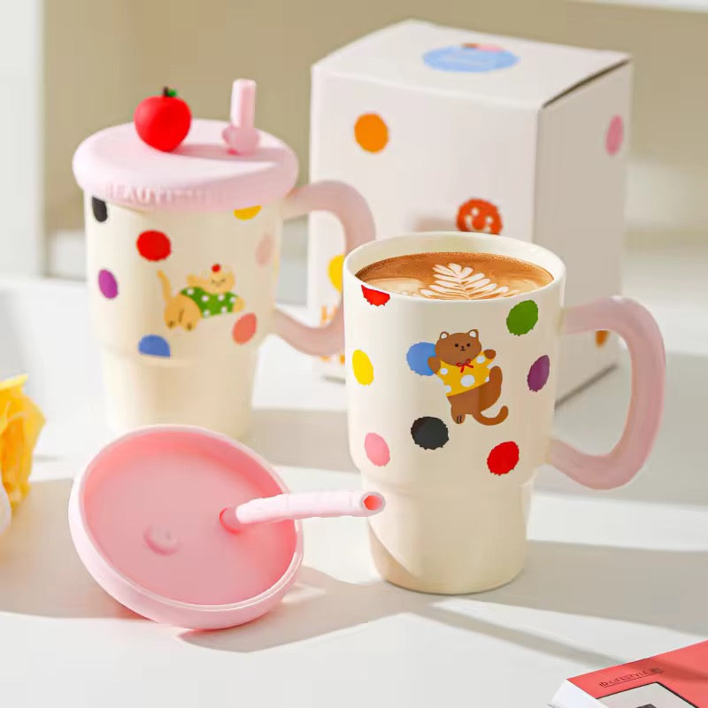 Kawaii cat polka dot ceramic mug