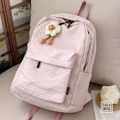 Knapsack Pleated Korean Backpack with Flower Charm