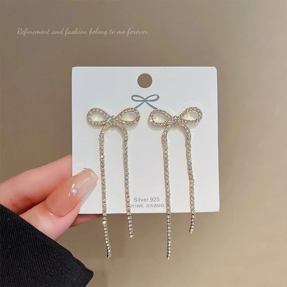 Sparkling Bow Long Earrings - 