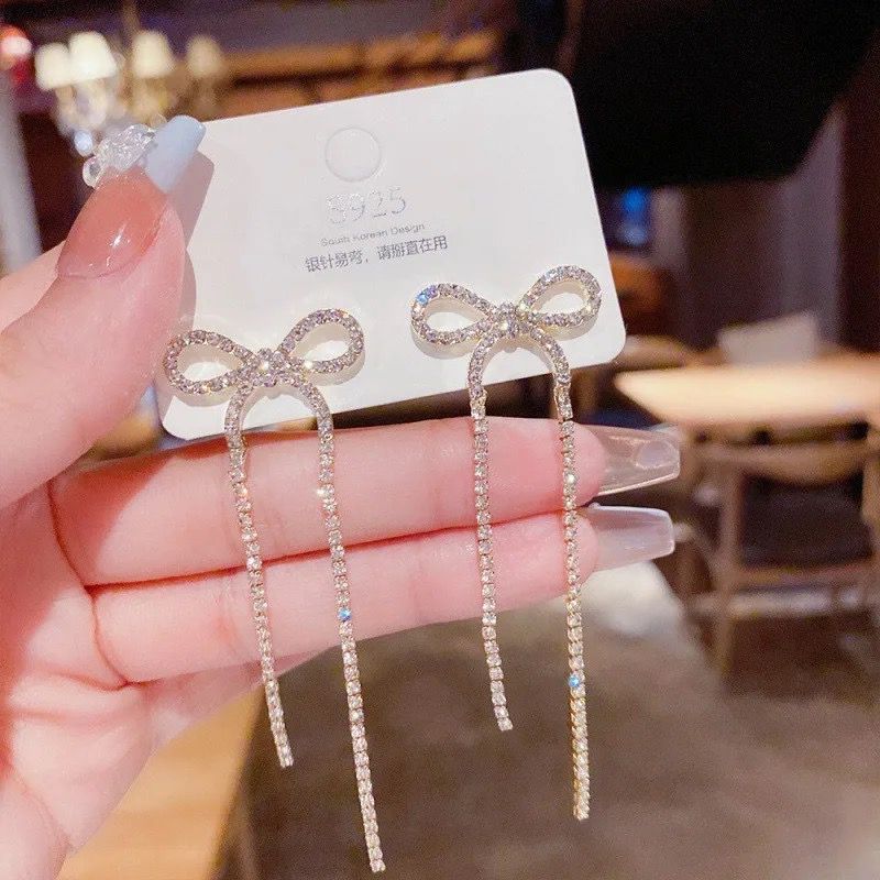 Sparkling Bow Long Earrings - 